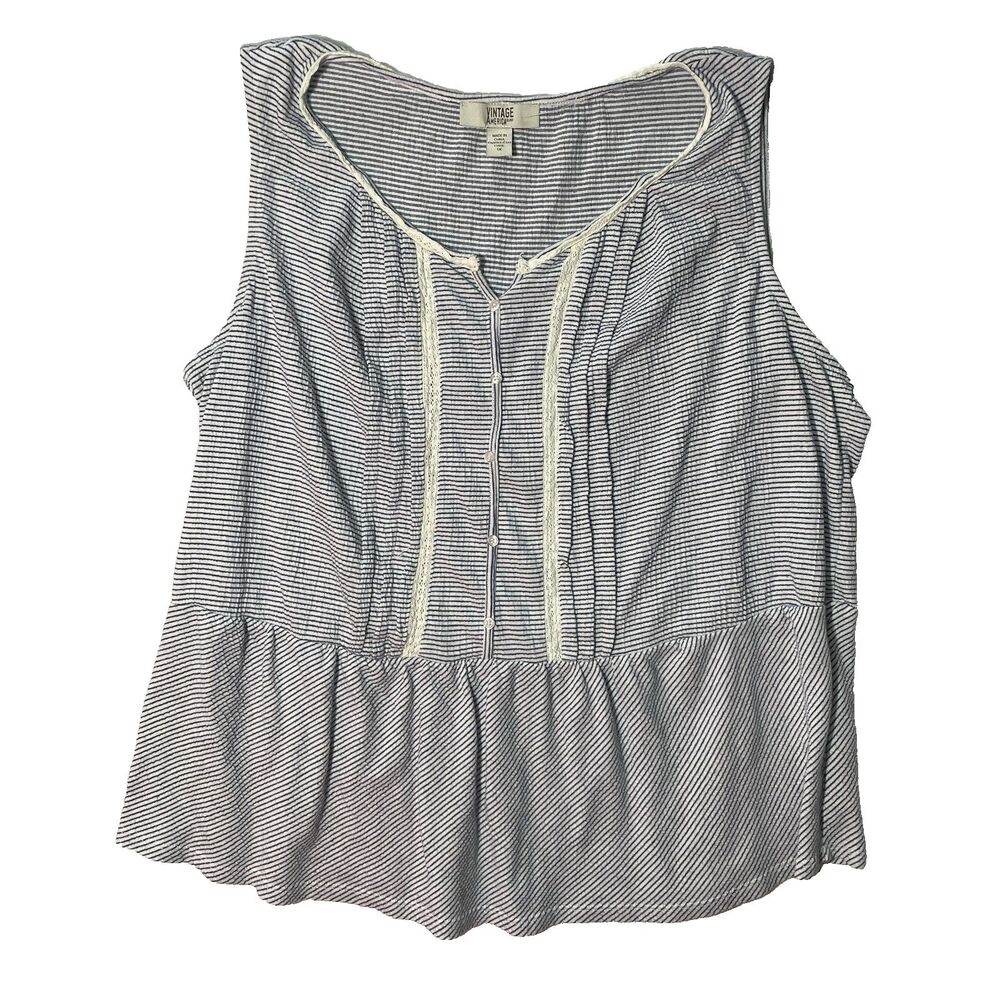 Vintage America Light Blue White Striped Crochet Sleeveless Tank Top Size 1X